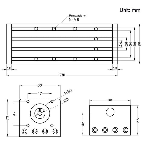 Technical diagram of 150mm Effective Travel Length Double Linear Rail Guide Ballscrew SFU1605 with NEMA23 Stepper Motor components.