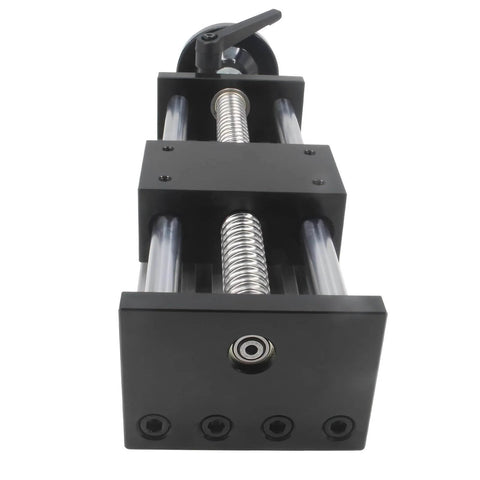 Front view of 150mm Effective Travel Dual Optical Axis Manual Sliding Table with SFU1605 Ball Screw, Linear Rail Guide and Handwheel