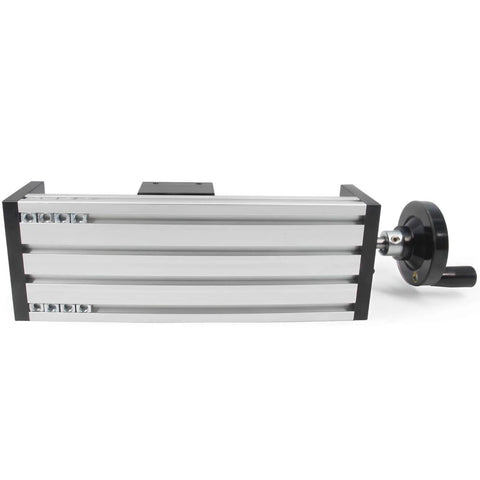 Front view of 150mm Effective Travel Dual Optical Axis Manual Sliding Table with SFU1605 Ball Screw and handwheel, metal construction.