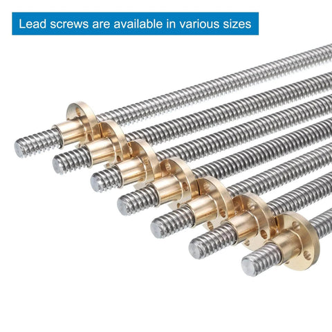 Lead screws of various sizes with brass nuts, focusing on 2 pcs 150mm / 6 inch tr8x4 stainless steel lead screw with t8 brass nut for 3D printer CNC use