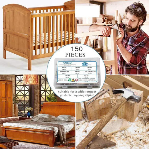 150Pcs M6 Hardware Replacement Kit for baby crib and furniture shown with assembly scenes and labeled box