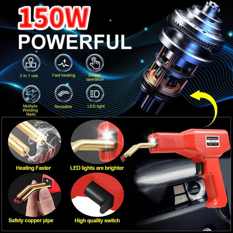 Upgraded 150W Plastic Welder Kit With 1000 Pcs Hot Staples, 8 Welding Rods, 2 Thermal Smoothing Heads, And 6 Types Of Staples For Bumpers, Kayaks, And Plastic Repairs, 2 In 1 Soldering Gun For Quick Pro DIY Fixes, shown with features highlighted