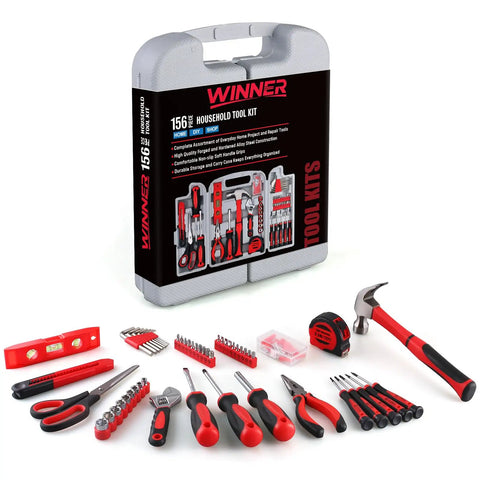 All Purpose 156 Piece Home Tool Kit In Foldable Toolbox For Everyday DIY And General Repairs Unisex Hand Tools Set For Dorms And Apartments Ideal Housewarming Gift Or Holiday Gift Grab-And-Go Essentials displayed with tools spread out and toolbox lid open