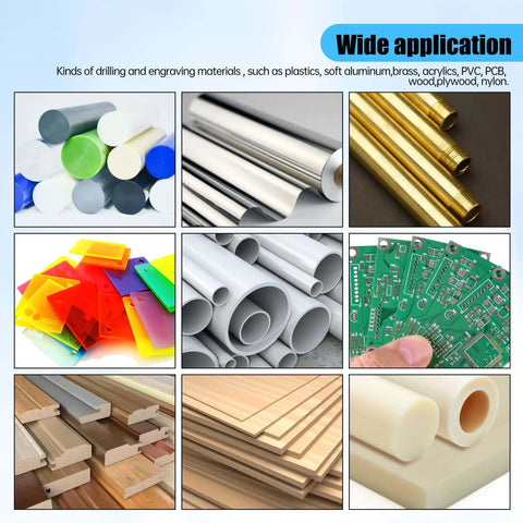 Various materials for CNC routers, including plastics, metal tubes, and wood, demonstrating the 1.5KW 220V Air Cooled Spindle Motor ER11 24000RPM usage.