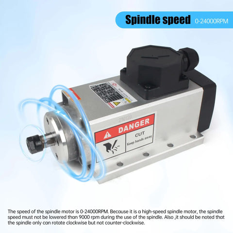 1.5KW 220V Air Cooled Spindle Motor ER11 24000RPM for CNC Router with safety label and rotational indication
