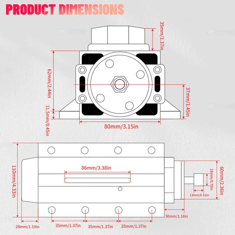 Technical drawing of 1.5KW 220V Air Cooled Spindle Motor ER11 24000RPM with dimensions for CNC machines