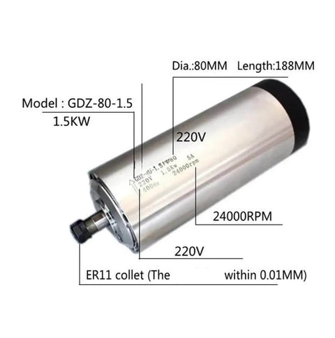 1.5KW Air Cooled CNC Spindle Motor 220V with ER11 ER16 collets, model GDZ-80-1.5, 80mm diameter, for milling and CNC machining