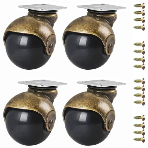 1.5 Inch Ball Caster Wheels Set Of 4 With Antique Brass Top Plate Castors For Coffee Table And Ottoman, Soft Polyurethane Wheels On Steel Hubs Protect Floors Against Scratches And Marks, Durable Retro Style Furniture Casters With Screws Included