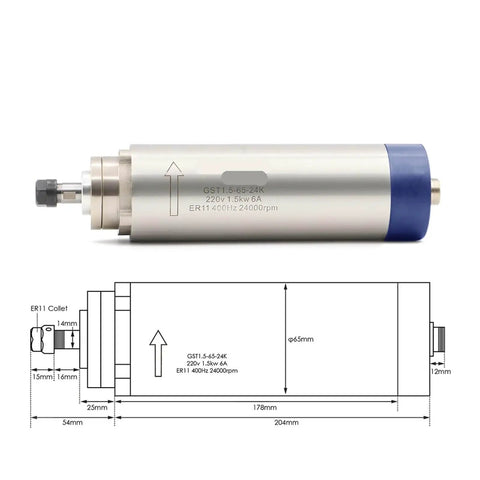 1.5kW ER11 Air Cooled Spindle Motor For CNC Machines 65mm Diameter 204mm Length Four Bearings Round Spindle 220V And 380V Inverter Ready Built To Hustle High Torque Milling Spindle For Precision Machining