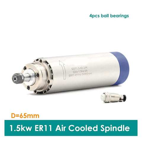 1.5kW ER11 Air Cooled Spindle Motor For CNC Machines 65mm Diameter 204mm Length Four Bearings Round Spindle 220V And 380V
