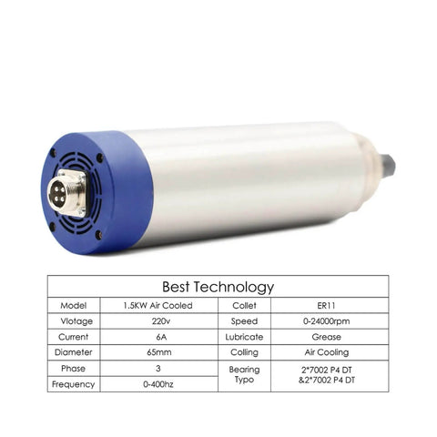 1.5kW ER11 Air Cooled Spindle Motor For CNC Machines 65mm Diameter 204mm Length Four Bearings Round Spindle 220V And 380V Inverter Ready
