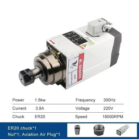 1.5kW Square Air Cooled CNC Spindle Motor With ER20 Chuck, Four Bearings, 220V, Workhorse For Heavy Loads, Inverter Speed