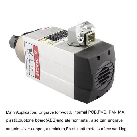 1.5kW Square Air Cooled CNC Spindle Motor With ER20 Chuck, Four Bearings, 220V, waterproof aviation connector visible