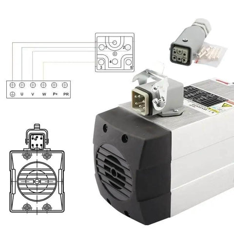 1.5kW Square Air Cooled CNC Spindle Motor With ER20 Chuck, Four Bearings, 220V, showing connector and wiring diagram