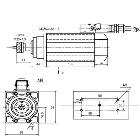 Technical diagram of 1.5kW Square Air Cooled CNC Spindle Motor With ER20 Chuck, Four Bearings, 220V for CNC carved wood router.