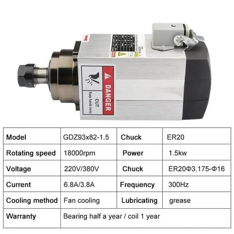 1.5kW Square Air Cooled CNC Spindle Motor With ER20 Chuck, Four Bearings, 220V, diagram and specifications table