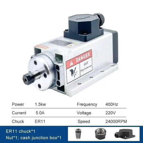 1.5kW Square Air Cooled CNC Spindle Motor With ER20 Chuck, Four Bearings, 220V for CNC carved wood router, danger label visible