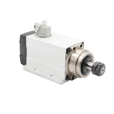 1.5kW ER20 Air Cooled Spindle Motor With Flange, square spindle, showing precision build and bearings for high speed routing