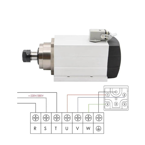1.5kW ER20 Air Cooled Spindle Motor With Flange, Square Spindle, 4 Bearings, 0.01mm Precision, 380V CNC Milling Spindle shown with wiring diagram