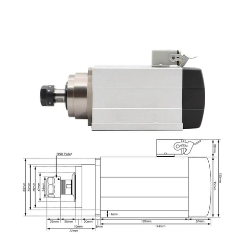 1.5kW ER20 Air Cooled Spindle Motor with Flange and Diagram, Square Spindle, 4 Bearings, 0.01mm Precision, 380V CNC Milling Spindle