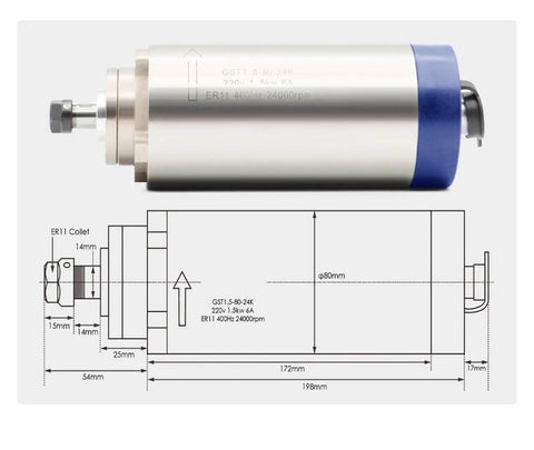 Diagram and image of Beast 1.5KW 220V ER11 CNC Spindle Motor With Air Cooling, highlighting dimensions and 80mm clamp bracket.