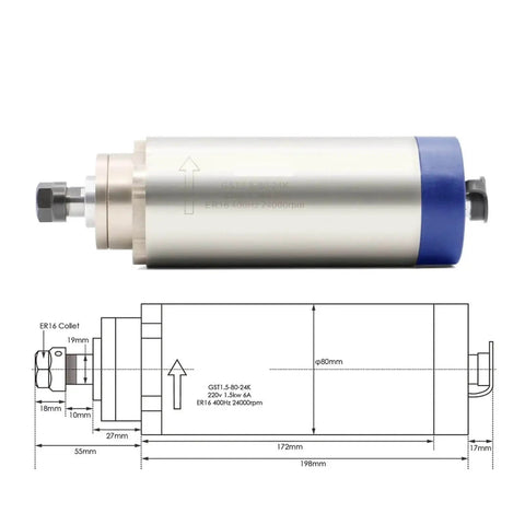 Air Cooled Spindle Motor 1.5KW ER16 With 110V And 220V VFD Inverter 80mm Bracket with technical drawing