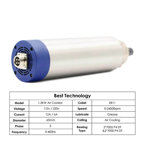 ER11 Air Cooled Spindle 1.5 Kilowatt Woodworking Spindle Motor 24000rpm With 65 By 204mm Size, table specs view
