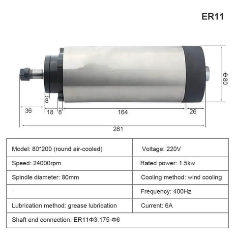 Diagram of 1.5kW ER11 air cooled spindle for CNC router 220V 380V, detailing dimensions, 24000 RPM speed, and specifications.