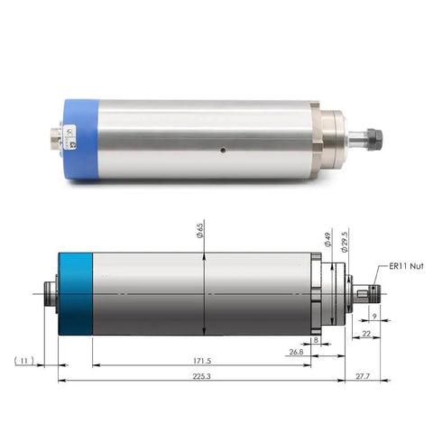 Diagram and photo of 1.5KW ER11 D65 110V Air Cooled Spindle Motor Kit with 65mm bracket for CNC routers and mills
