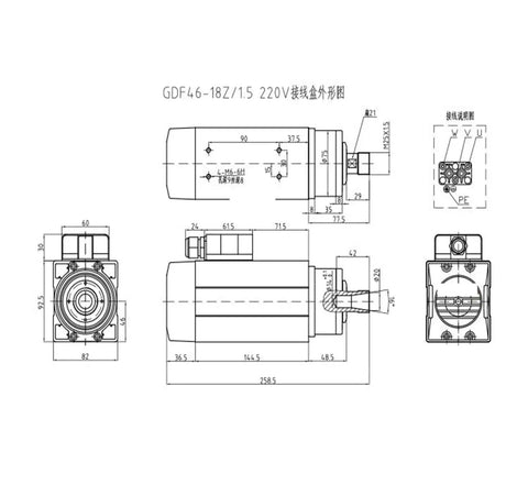 Technical schematic of 1.5kW Air Cooled CNC Spindle Motor With ER20 Bearings, 220V 380V Dual Voltage, brushless high precision router spindle