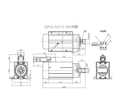 Technical diagram of 1.5kW Air Cooled CNC Spindle Motor With ER20 Bearings, 220V 380V Dual Voltage, dimensions and connections shown.