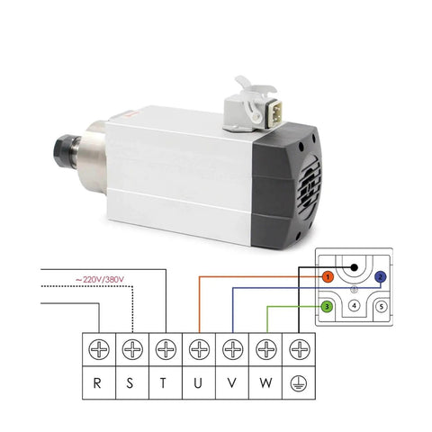 1.5kW ER20 CNC Spindle Motor with square spindle, wiring diagram shown, for milling water cooled quiet operation high speed 220V power