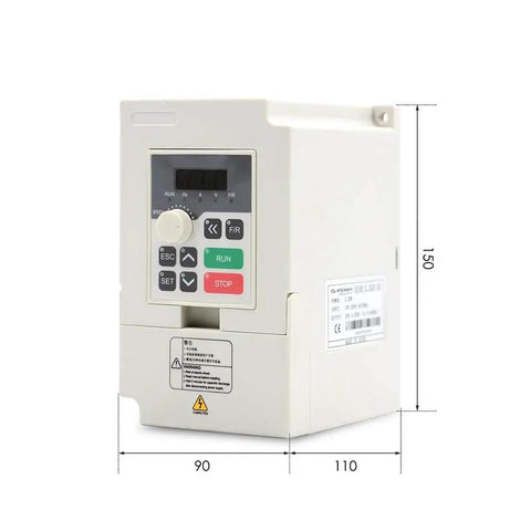220V inverter for 1.5KW ER16 Air Cooled Spindle Motor Kit, showing dimensions and control panel