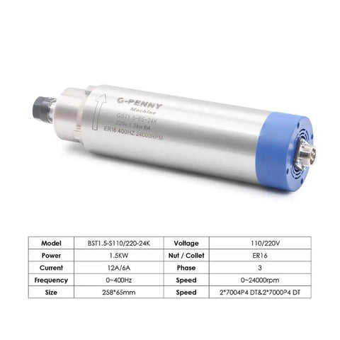 1.5KW ER16 Air Cooled Spindle Motor with specs table for CNC machining, shown on white background.