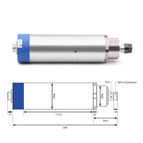 1.5KW ER16 Air Cooled Spindle Motor Kit With 220V Inverter And 65mm Bracket detailed view with dimensions for CNC machining