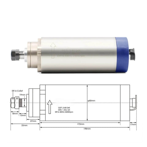 Beefy 1.5kW ER16 Air Cooled CNC Spindle Motor Kit With 80x200mm Frame Four Bearings 0.01mm Runout schematic diagram