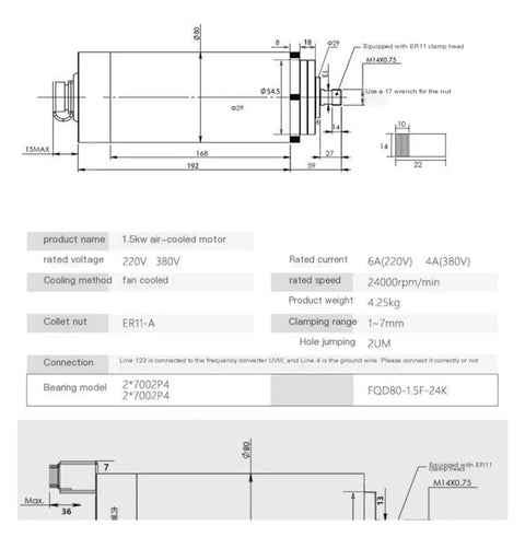 Technical diagram of a 1.5kW air-cooled CNC spindle motor, 80mm diameter, 220V, high-speed with four bearings for milling and routing.