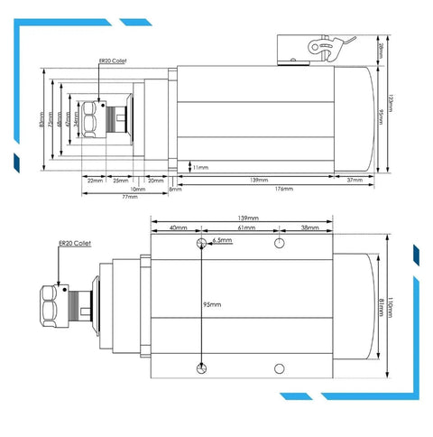 Technical diagram of 1.5kW ER20 Spindle Motor With Flange, Four Bearings, Square Housing, Air Cooled CNC Spindle, 0.01mm Runout, 220V