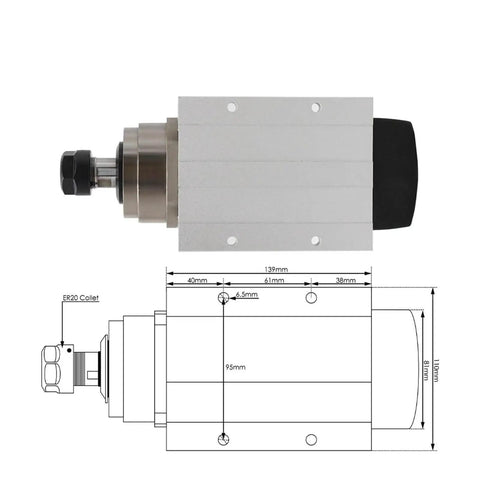 1.5kW ER20 spindle motor with flange, four bearings, square housing, air cooled CNC spindle for wood, aluminum, metalworking, 220V