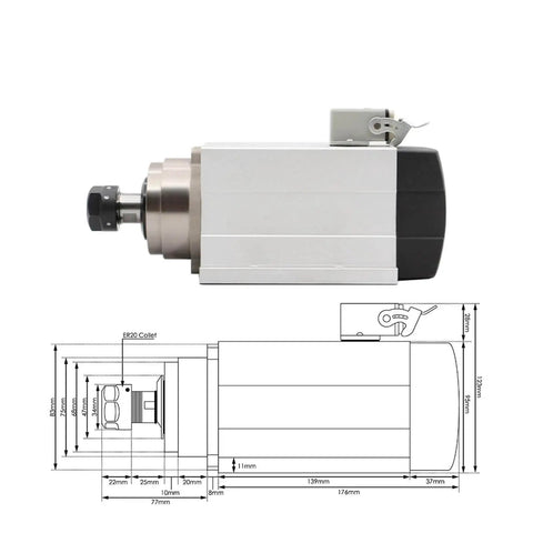 Side view of 1.5kW ER20 Spindle Motor With Flange, Four Bearings, Square Housing, Air Cooled CNC Spindle with technical drawing, 220V