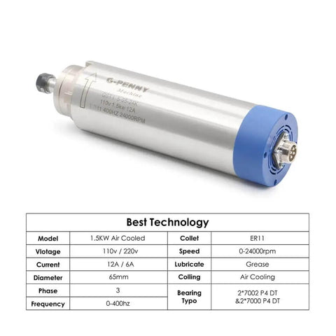 1.5KW ER11 Air Cooled Spindle Motor 65mm Shaft 110V AC For CNC Woodworking With Four Angular Contact Bearings 24000RPM