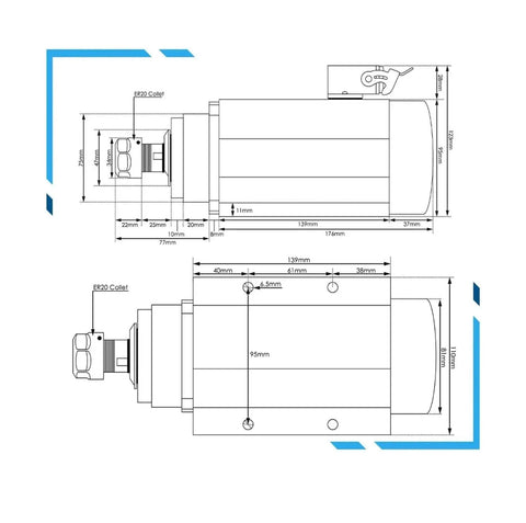 Technical diagram of ER20 Air Cooled Spindle Motor Square Type With Flange 1.5kW Frequency Drive 220V Four Bearings