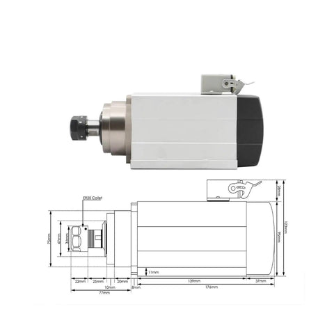 ER20 Air Cooled Spindle Motor Square Type With Flange 1.5kW Frequency Drive 220V Four Bearings 0.01mm Runout diagram and side view