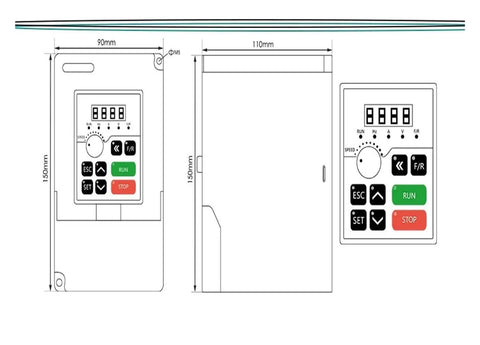 Diagram of 1.5 kW inverter VFD for Beefy 1.5 kW ER11 Air Cooled Spindle Motor with control panel and dimensions