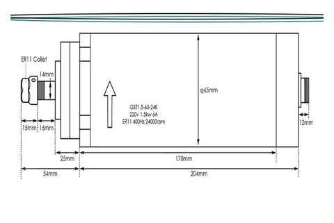 Diagram of Beefy 1.5 kW ER11 Air Cooled Spindle Motor For CNC Machines detailing measurements and specifications.