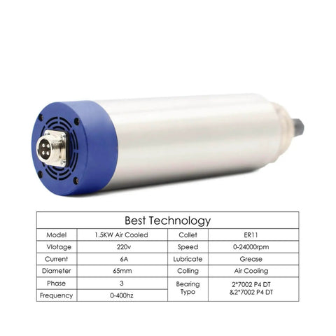 Beefy 1.5 kW ER11 Air Cooled Spindle Motor For CNC Machines with four bearings and specifications table displayed.