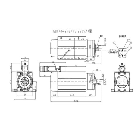 Technical diagram of 1.5kW Air Cooled CNC Spindle Motor ER20 with Four Bearings for CNC Machining, showing dimensions and ports.