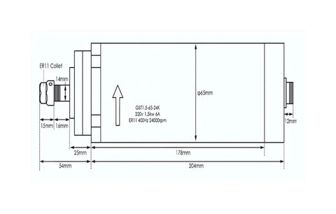 Technical diagram of 1.5 kW ER11 Air Cooled Spindle With Four Bearings, High Speed Axial Preload For Extra Stiffness, 24000 RPM