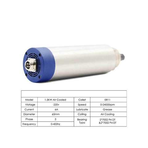 1.5 kW ER11 Air Cooled Spindle With Four Bearings, 24000 RPM, 65x204mm housing, pro grade tool for precision CNC jobs