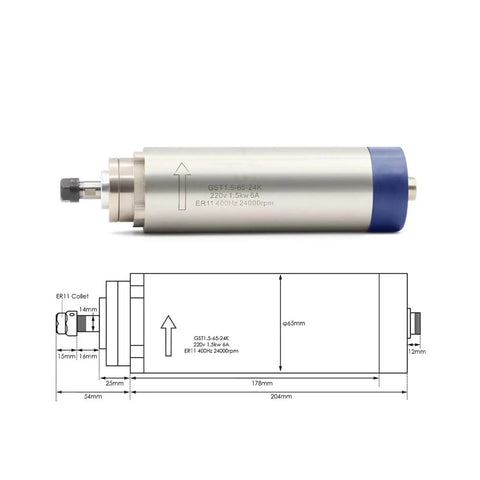 1.5 kW ER11 Air Cooled Spindle with Four Bearings, 24000 RPM, 65x204mm housing, and 65mm bracket with technical diagram